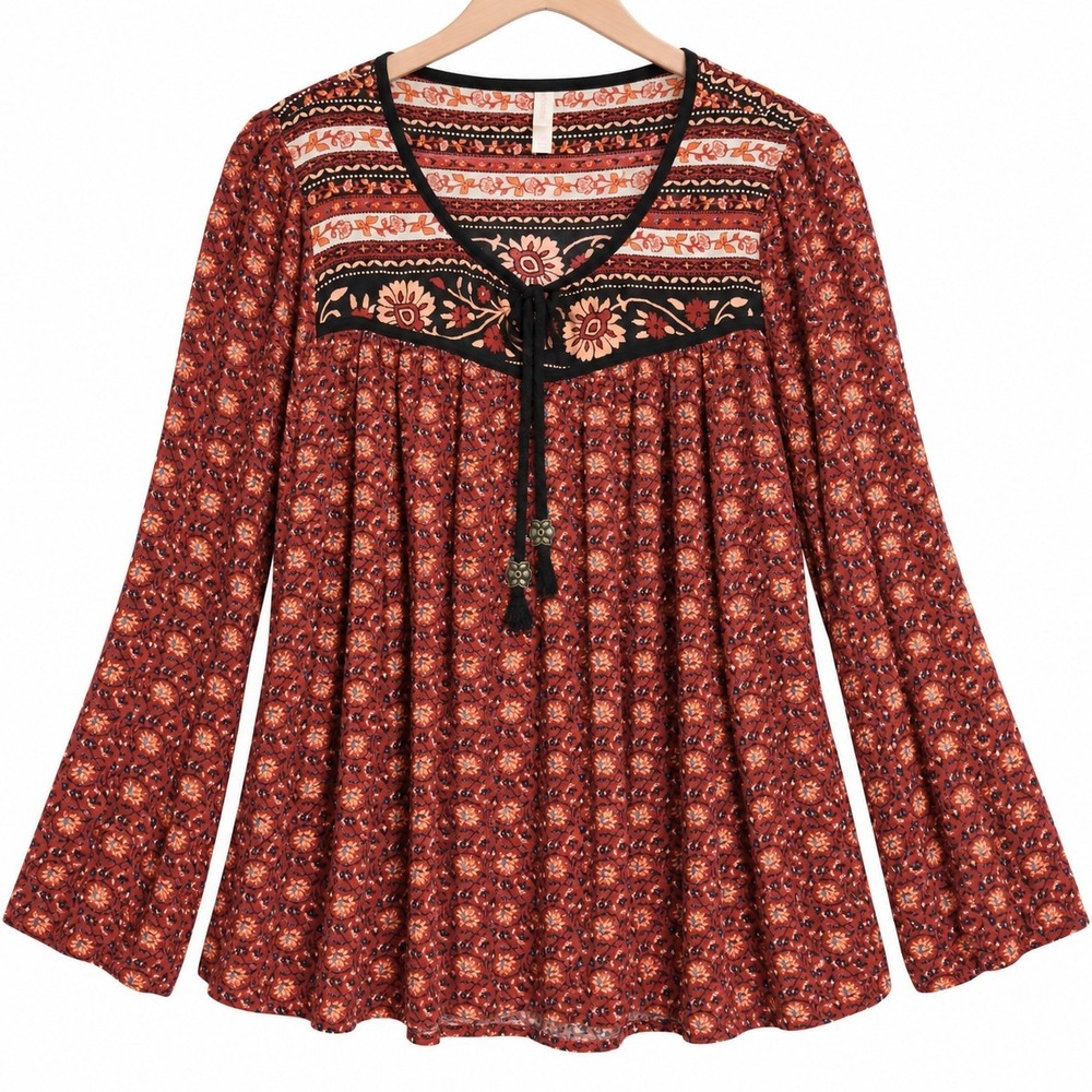 Western Boho Peasant Top L Rust Floral Tie Neck Hippie Festival Long Sleeve